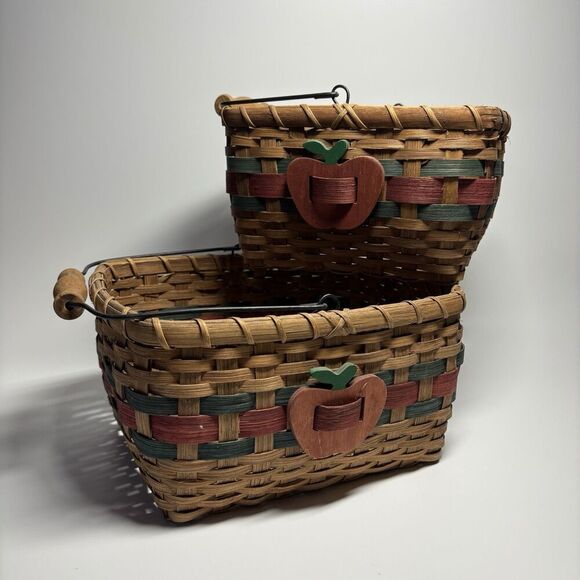 Unbranded Other - Set 2 Vintage Baskets Apples Wooden Carrier Handle